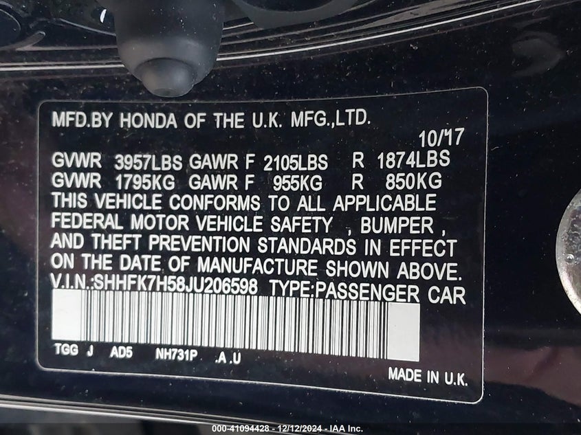 2018 HONDA CIVIC VIN: SHHFK7H58JU206598