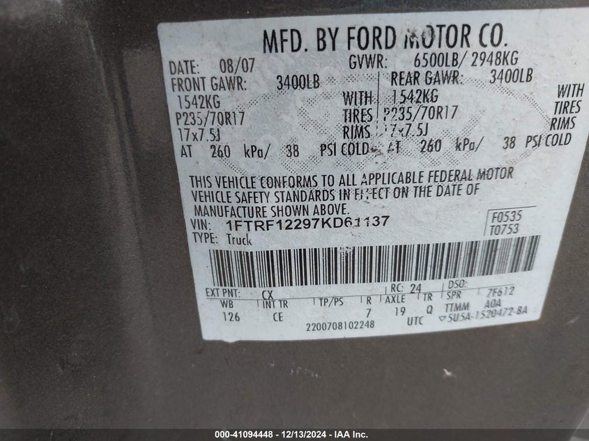 2007 FORD F150 VIN: 1FTRF12297KD61137