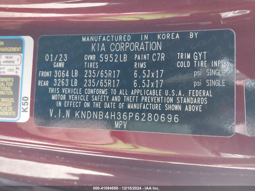 2023 Kia Carnival Lx VIN: KNDNB4H36P6280696 Lot: 41094550