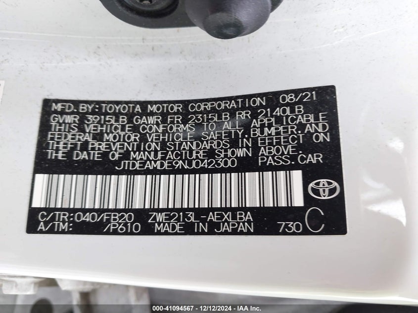 2022 TOYOTA COROLLA VIN: JTDEAMDE9NJ042300