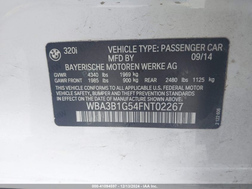 VIN WBA3B1G54FNT02267 2015 BMW 3 Series, 320I no.9