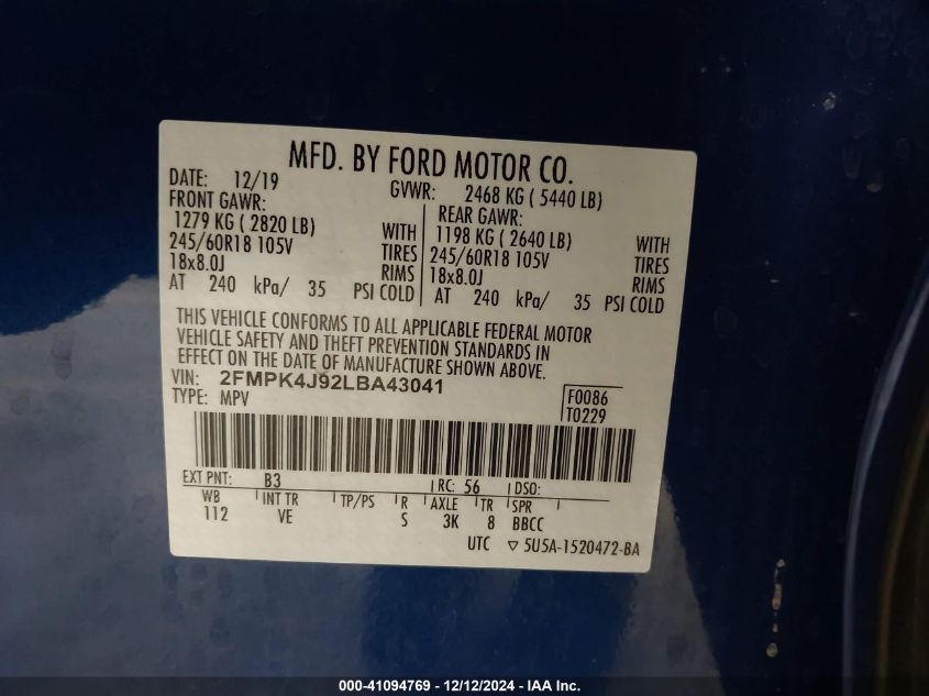 VIN 2FMPK4J92LBA43041 2020 FORD EDGE no.9