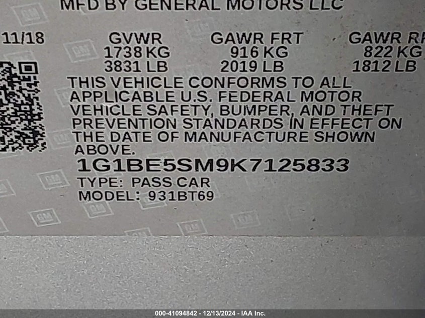 2019 CHEVROLET CRUZE VIN: 1G1BE5SM9K7125833