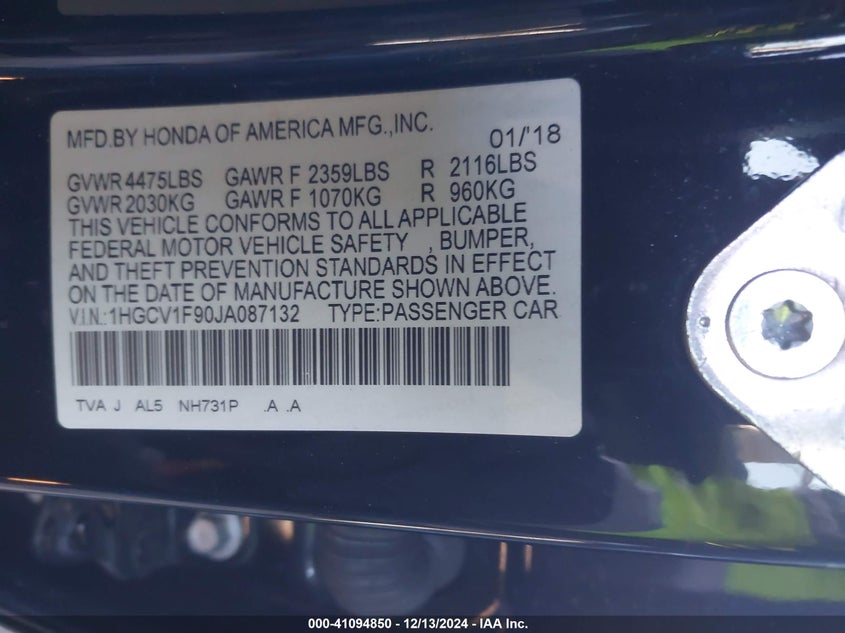 2018 HONDA ACCORD VIN: 1HGCV1F90JA087132