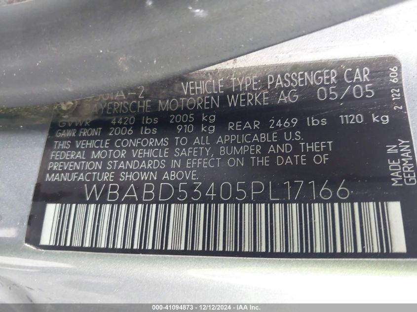 2005 BMW 330Ci VIN: WBABD53405PL17166 Lot: 41094873