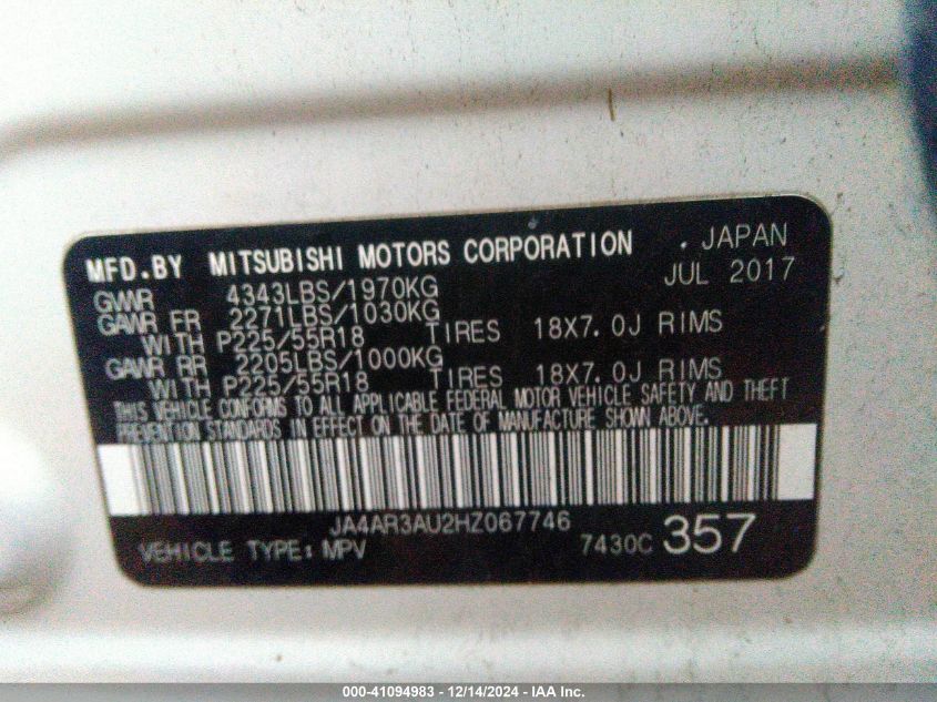 VIN JA4AR3AU2HZ067746 2017 Mitsubishi Outlander, Sp... no.9