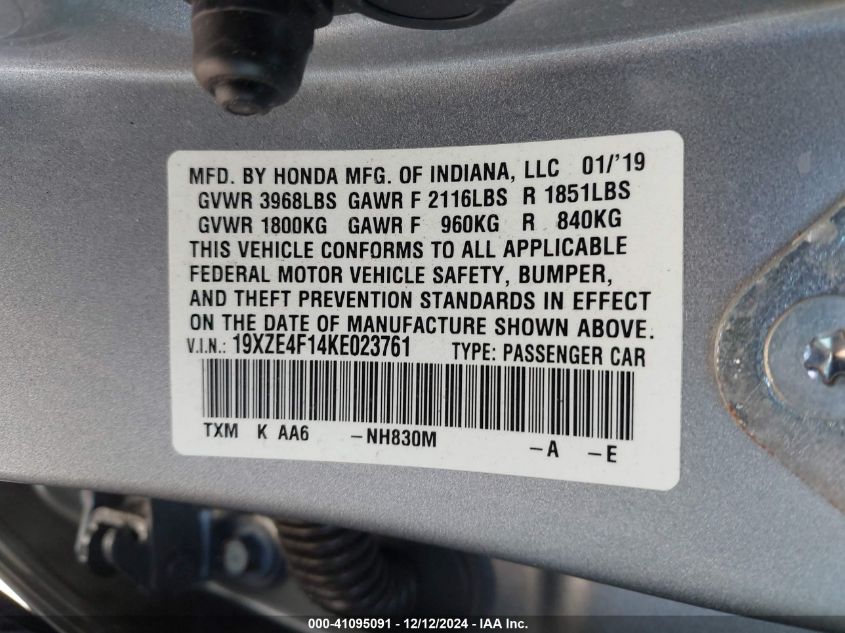 2019 Honda Insight Lx VIN: 19XZE4F14KE023761 Lot: 41095091