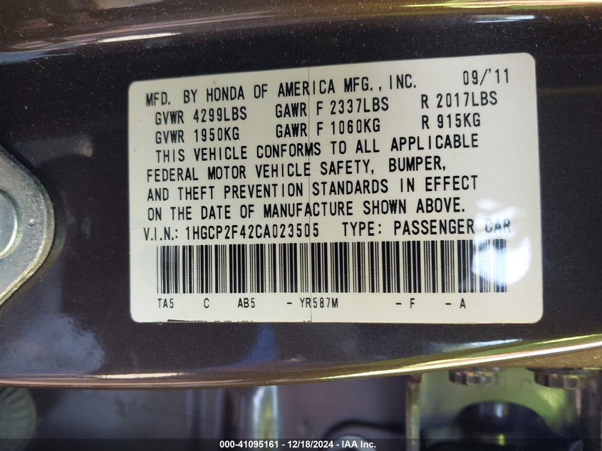 2012 HONDA ACCORD VIN: 1HGCP2F42CA023505