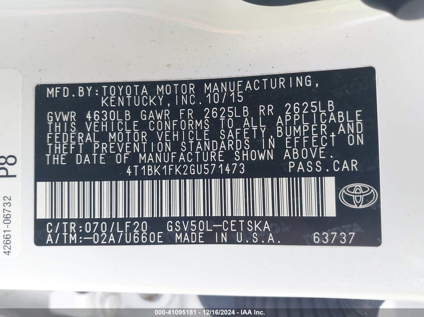 2016 TOYOTA CAMRY VIN: 4T1BK1FK2GU571473