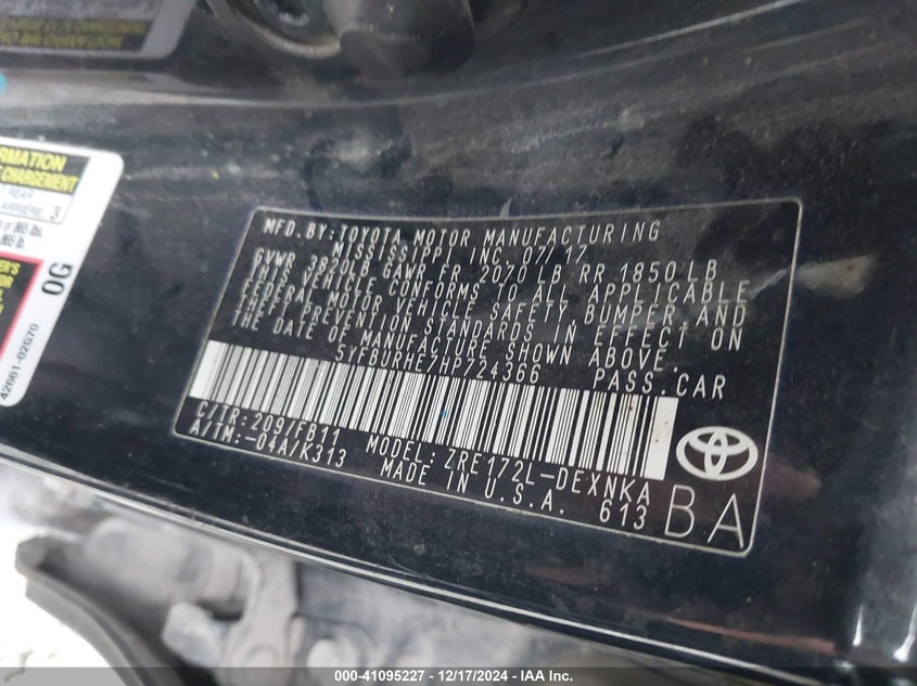 2017 TOYOTA COROLLA VIN: 5YFBURHE7HP724366