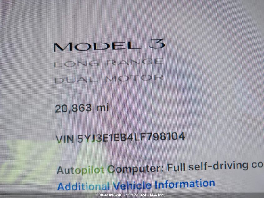 2020 TESLA MODEL 3 - 5YJ3E1EB4LF798104