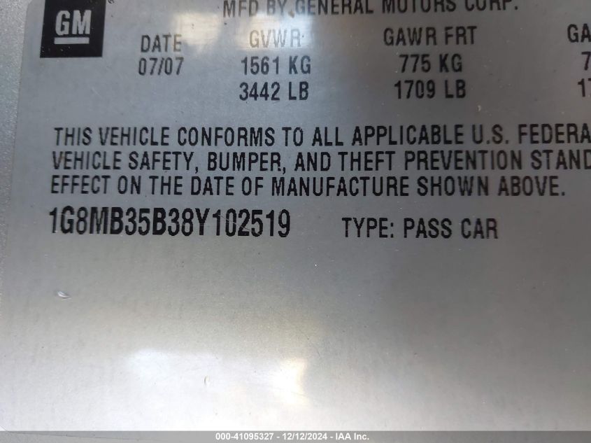 2008 Saturn Sky VIN: 1G8MB35B38Y102519 Lot: 41095327