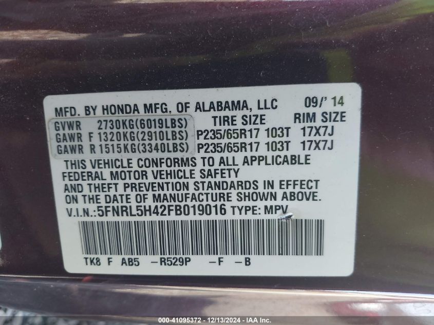 VIN 5FNRL5H42FB019016 2015 HONDA ODYSSEY no.9