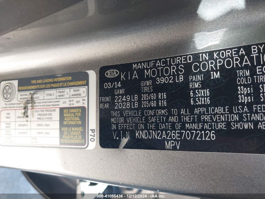 VIN KNDJN2A26E7072126 2014 KIA SOUL no.9