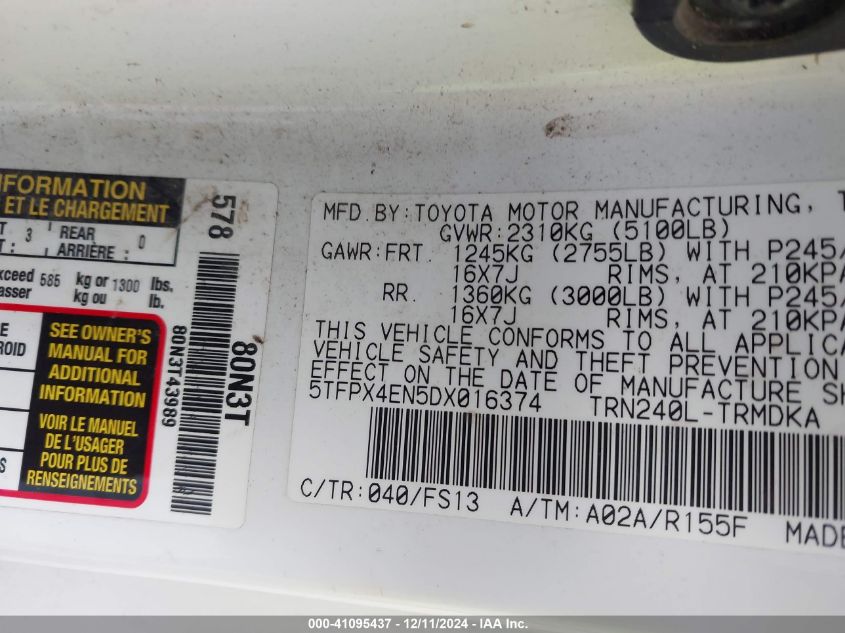 2013 Toyota Tacoma VIN: 5TFPX4EN5DX016374 Lot: 41095437