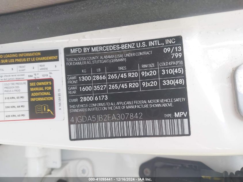 VIN 4JGDA5JB2EA307842 2014 Mercedes-Benz ML 350 no.9