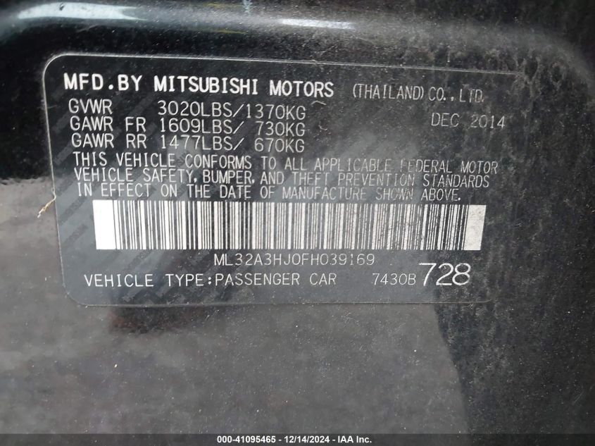 VIN ML32A3HJ0FH039169 2015 Mitsubishi Mirage, DE no.9