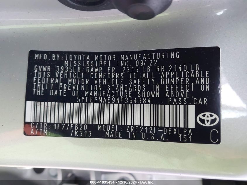 VIN 5YFEPMAE9NP364384 2022 Toyota Corolla, LE no.9