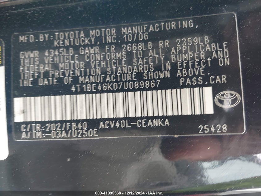 2007 TOYOTA CAMRY VIN: 4T1BE46K07U089867