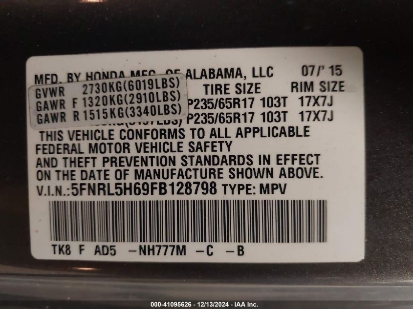 VIN 5FNRL5H69FB128798 2015 Honda Odyssey, Ex-L no.9