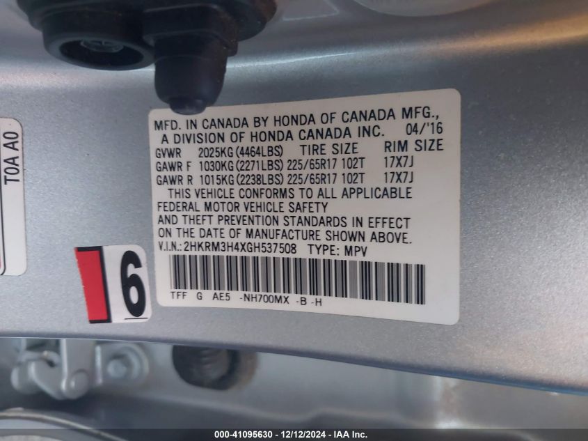 VIN 2HKRM3H4XGH537508 2016 Honda CR-V, SE no.9