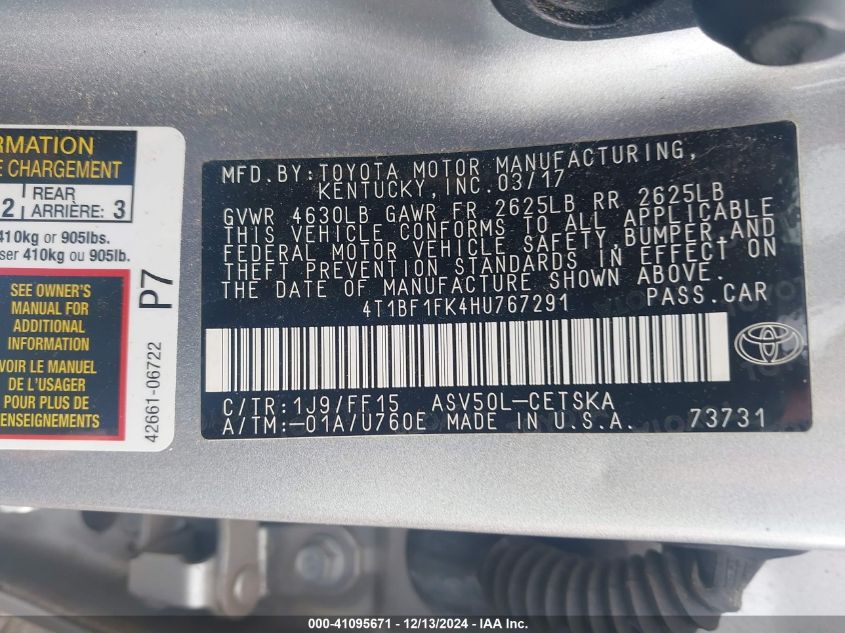 VIN 4T1BF1FK4HU767291 2017 Toyota Camry, SE no.9