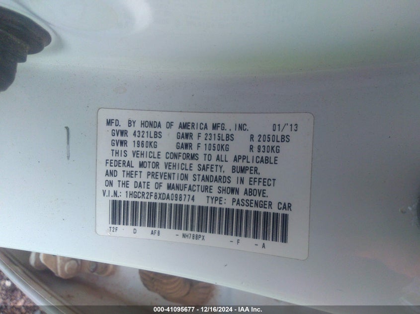 2013 HONDA ACCORD VIN: 1HGCR2F8XDA098774