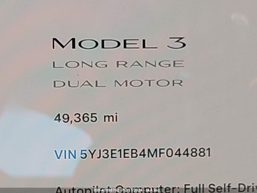 2021 Tesla Model 3 Long Range Dual Motor All-Wheel Drive VIN: 5YJ3E1EB4MF044881 Lot: 41095762