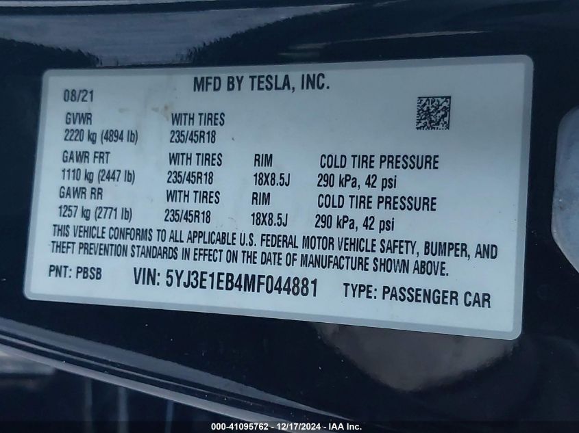 2021 Tesla Model 3 Long Range Dual Motor All-Wheel Drive VIN: 5YJ3E1EB4MF044881 Lot: 41095762