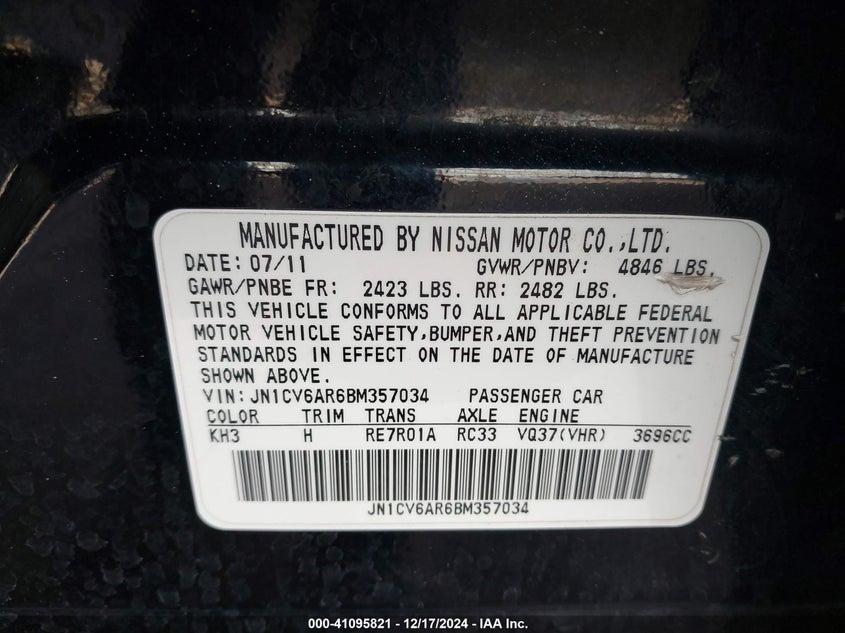 2011 INFINITI G37X VIN: JN1CV6AR6BM357034