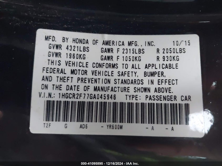 2016 HONDA ACCORD VIN: 1HGCR2F77GA045946