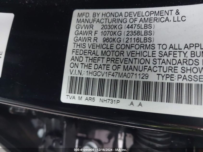 VIN 1HGCV1F47MA071129 2021 Honda Accord, Sport Spec... no.9