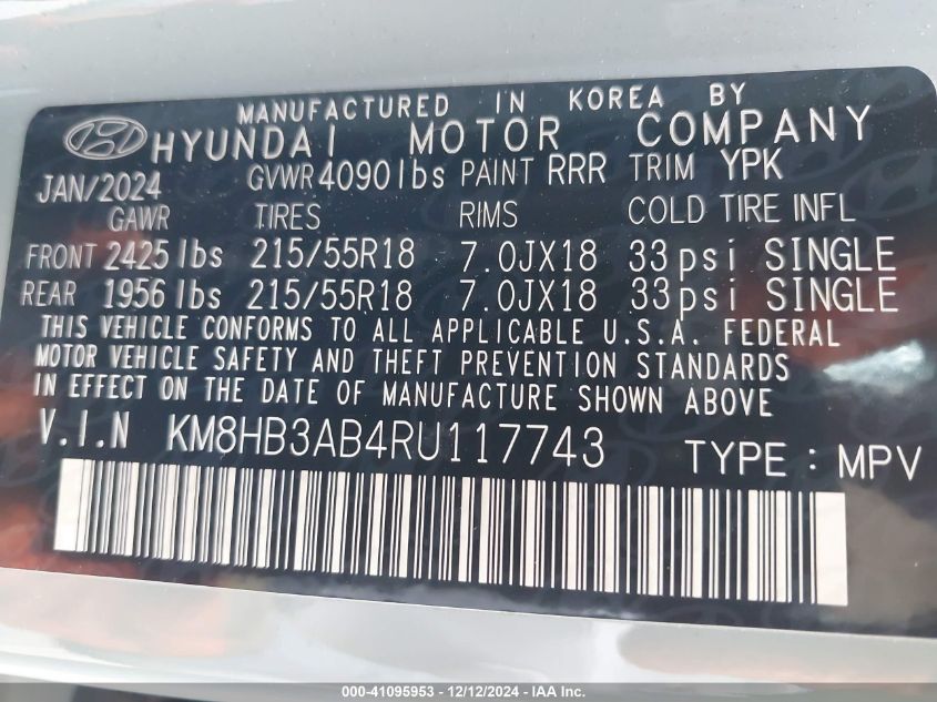 2024 Hyundai Kona Sel VIN: KM8HB3AB4RU117743 Lot: 41095953