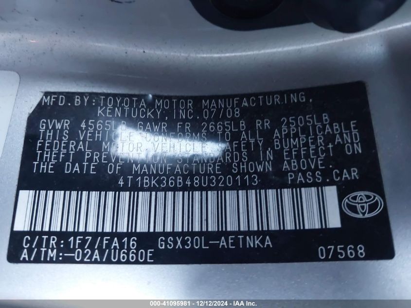 2008 Toyota Avalon Xl VIN: 4T1BK36B48U320113 Lot: 41095981