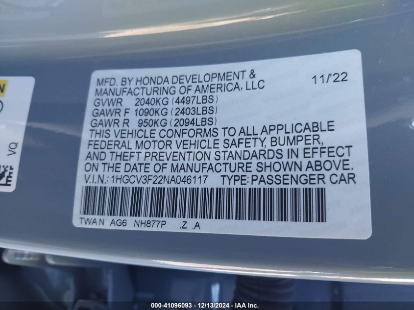 VIN 1HGCV3F22NA046117 2022 HONDA ACCORD no.9