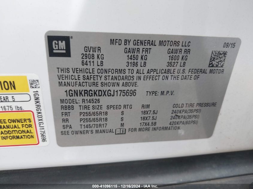 2016 Chevrolet Traverse 1Lt VIN: 1GNKRGKDXGJ17569 Lot: 41096115