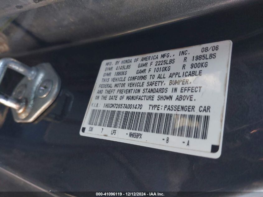 2007 Honda Accord 2.4 Ex VIN: 1HGCM72657A001470 Lot: 41096119