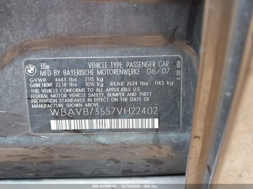 2007 BMW 335I VIN: WBAVB73557VH22402 Lot: 41096161