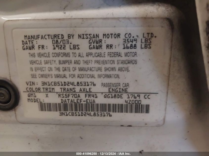 2004 Nissan Sentra 1.8S VIN: 3N1CB51D24L853176 Lot: 41096250