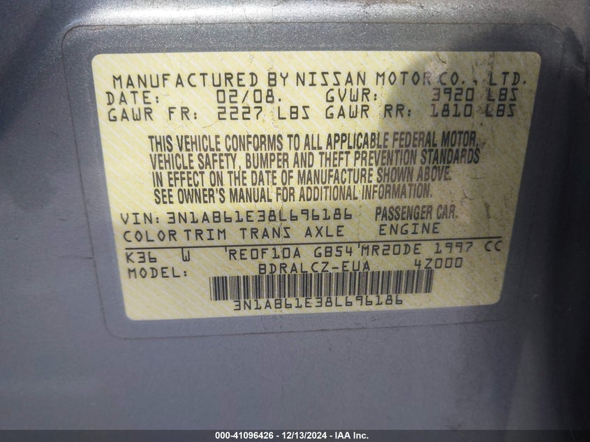 2008 NISSAN SENTRA VIN: 3N1AB61E38L696186