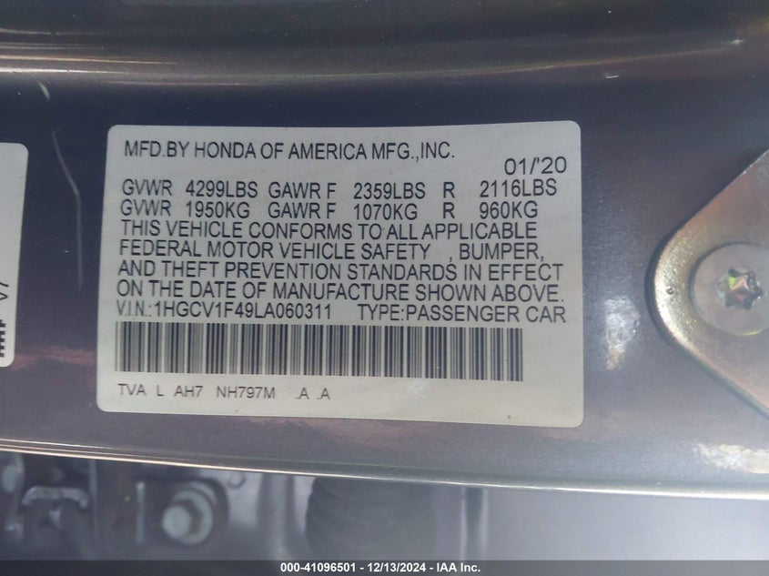 2020 HONDA ACCORD VIN: 1HGCV1F49LA060311