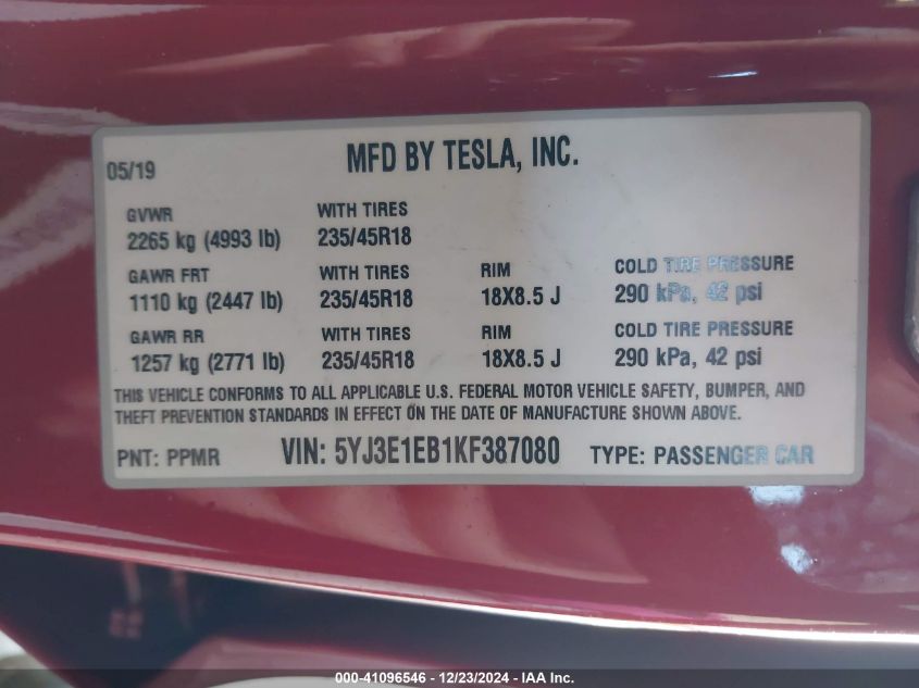 VIN 5YJ3E1EB1KF387080 2019 Tesla Model 3, Long Rang... no.9