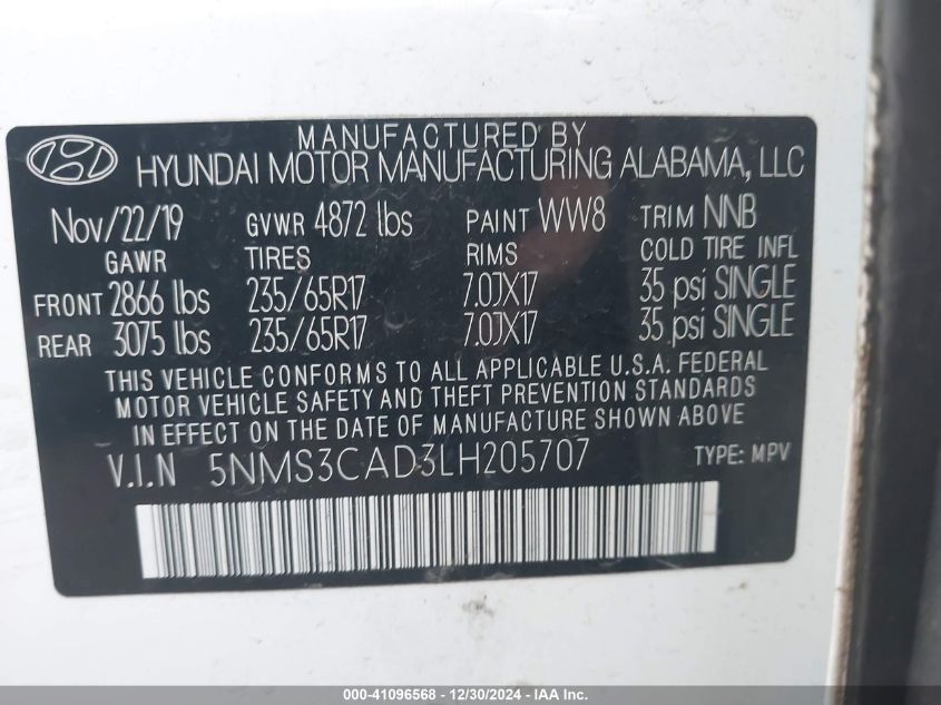 VIN 5NMS3CAD3LH205707 2020 HYUNDAI SANTA FE no.9