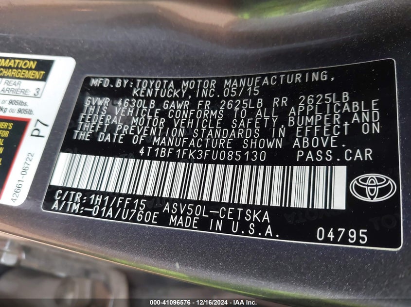 2015 TOYOTA CAMRY VIN: 4T1BF1FK3FU085130