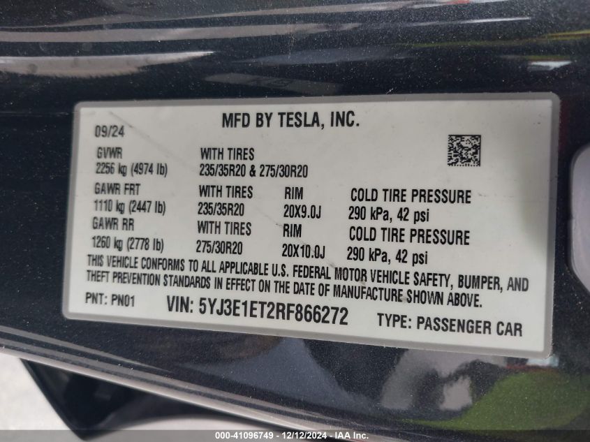 2024 Tesla Model 3 Performance All-Wheel Drive VIN: 5YJ3E1ET2RF866272 Lot: 41096749