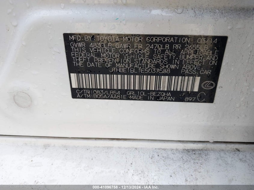 2014 LEXUS GS 350 VIN: JTHBE1BL1E5037588