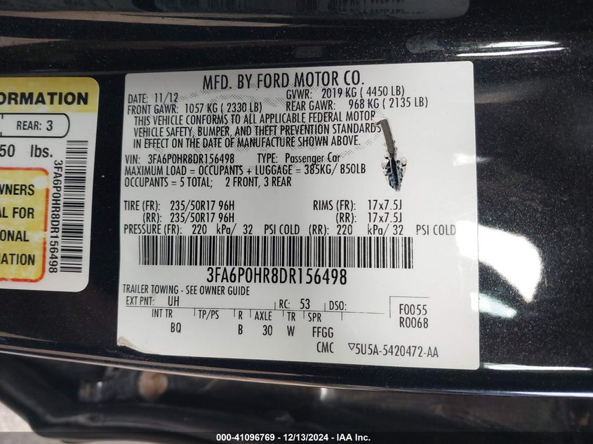 2013 FORD FUSION VIN: 3FA6P0HR8DR156498