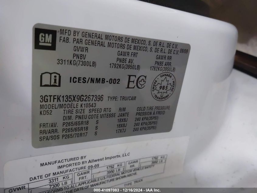 2009 GMC Sierra 1500 Hybrid 3Ha/3Hb VIN: 3GTFK135X9G267396 Lot: 41097083