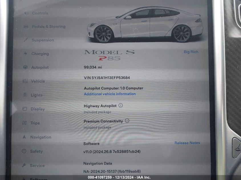 2014 Tesla Model S P85 VIN: 5YJSA1H13EFP53684 Lot: 41097259