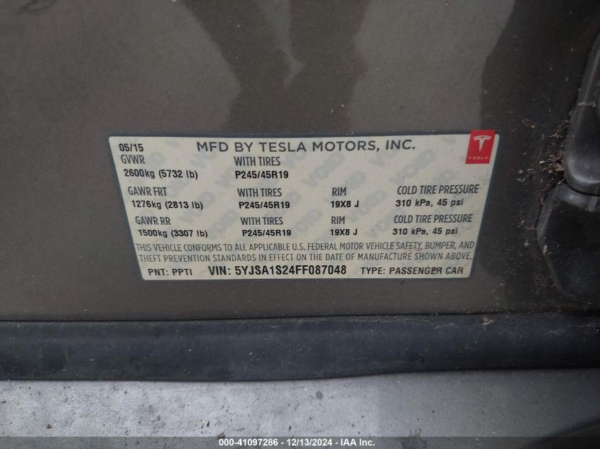 2015 Tesla Model S 70D/85D/P85D VIN: 5YJSA1S24FF087048 Lot: 41097286